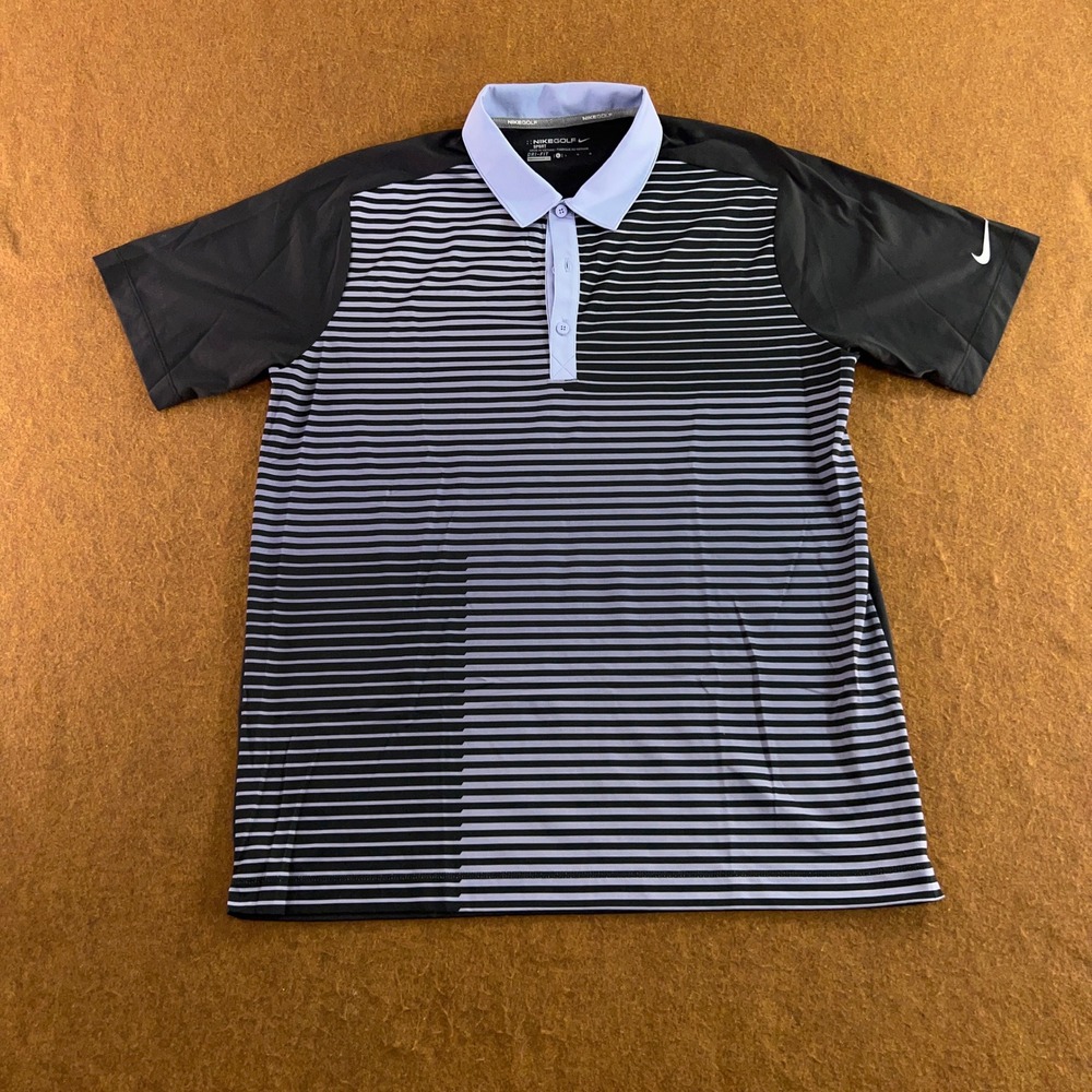 Nike Mens Large Black Blue Striped Dri-Fit Sport Golf Polo Shirt